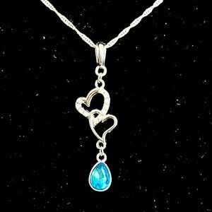 BBZ Ice Blue Crystal & Cz  Pendant w/ 16” 925 Silver Chain